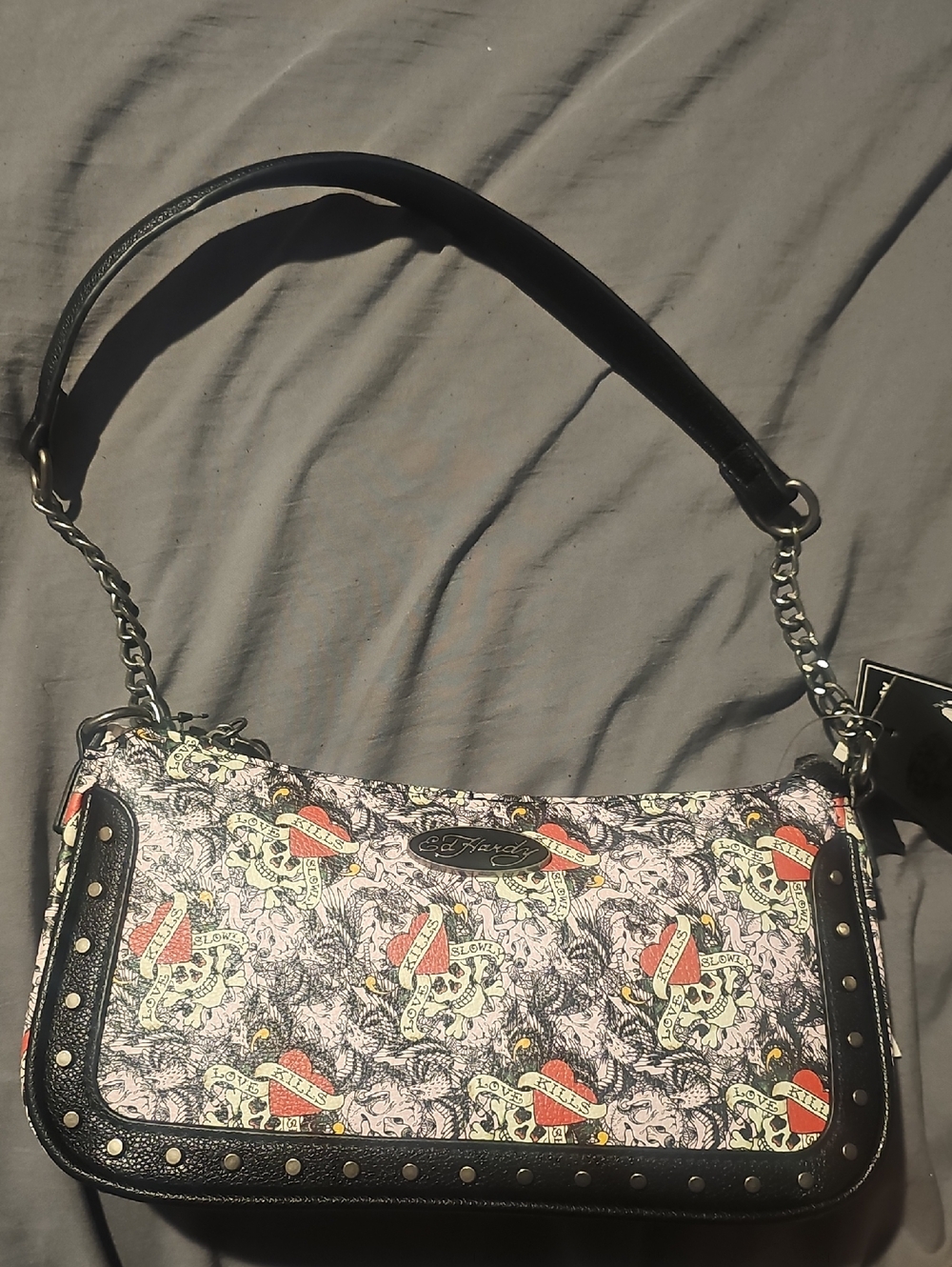 Ed Hardy Black Shoulder Bag with Red & Cream Tattoo Print